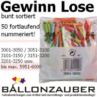 Gewinn Lose Treffer bunt sort. 50er Beutel ab Losnr. 3001 fortlaufend nummeriert Lose, Röllchen bunt sortiert