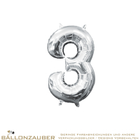 Folienballon Zahl 3 Silber Metallic 40cm = 16inch nur für Luftfüllung geeignet