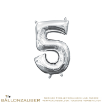 Folienballon Zahl 5 Silber Metallic 40cm = 16inch nur für Luftfüllung geeignet