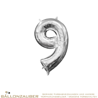 Folienballon Zahl 9 Silber Metallic 40cm = 16inch nur für Luftfüllung geeignet