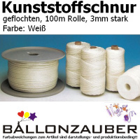 Dekoseil Kunststoffschnur geflochten Weiß 3mm 100m Spule Ballondeko Dekoschnur Kunststoffschnur weiß